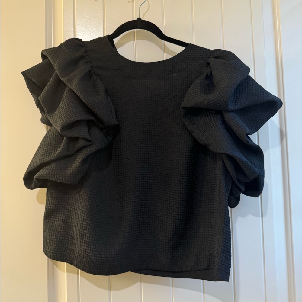 Express Black Textured Ruffle Blouse